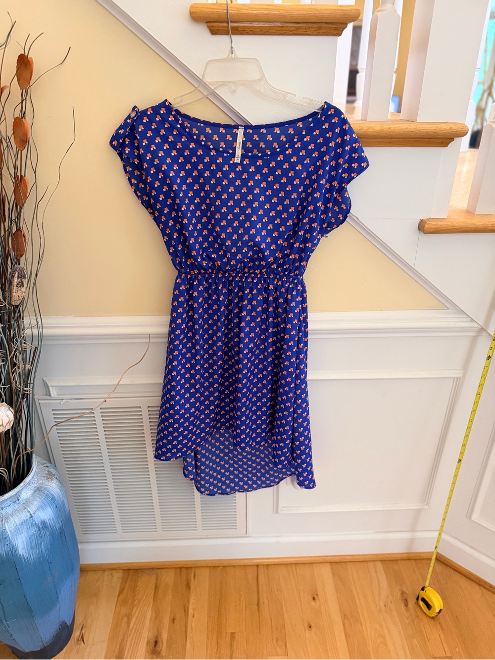 Ladies Size Medium "Trinity" Royal Blue Dress with Orange/White Geometric Print